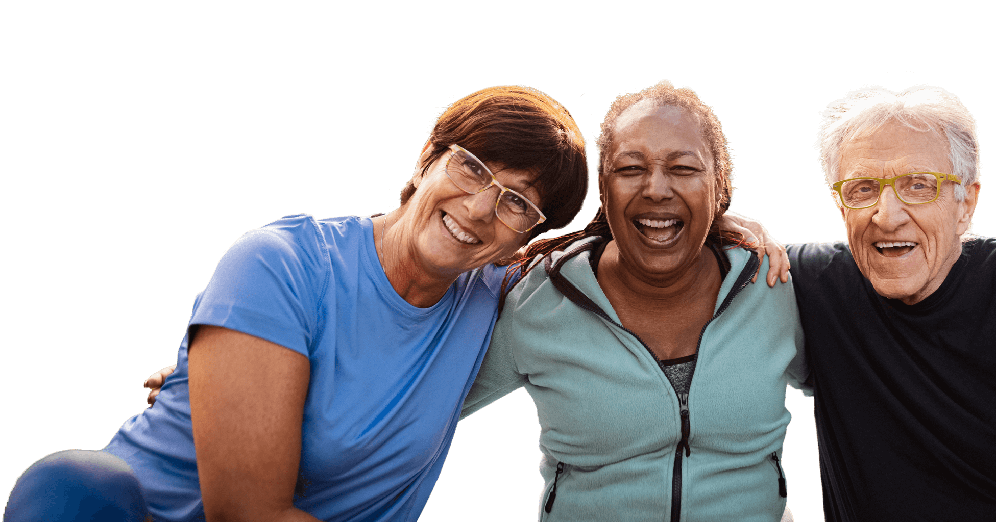 Smiling friends with arms around each other.